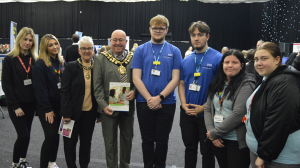 The Mayor of Barnsley, Councillor James Michael Stowe, and the Mayor's Consort meet with health and care staff and children nursing students from Barnsley College