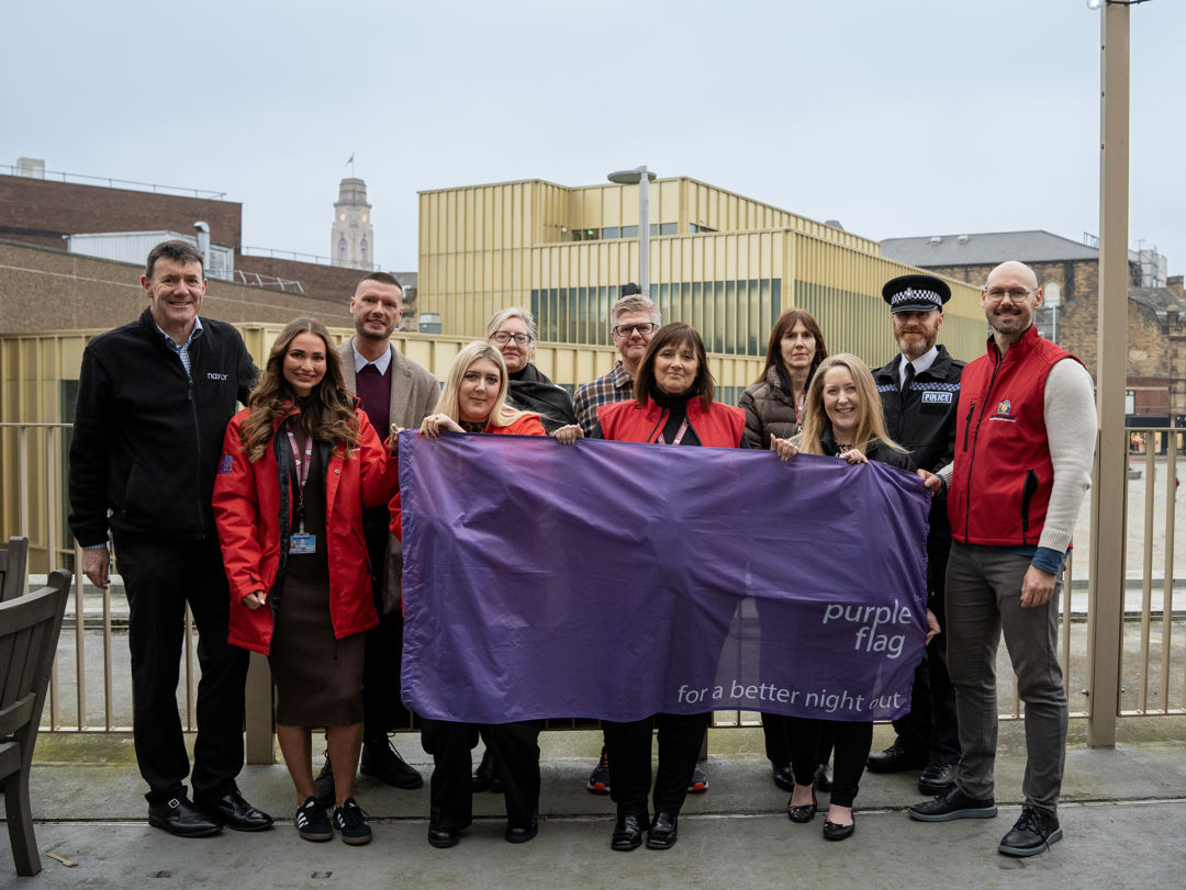 Purple Flag: (L-R) Edward Naylor, Chair of Barnsley Town Board; Maddie Bray, BMBC Place Management; Adam Pumford, Chair of Barnsley PubWatch; Arianna Horbury, BMBC Place Management; Cllr Janine Moyes, Cabinet Support for Regeneration and Culture; Robert H