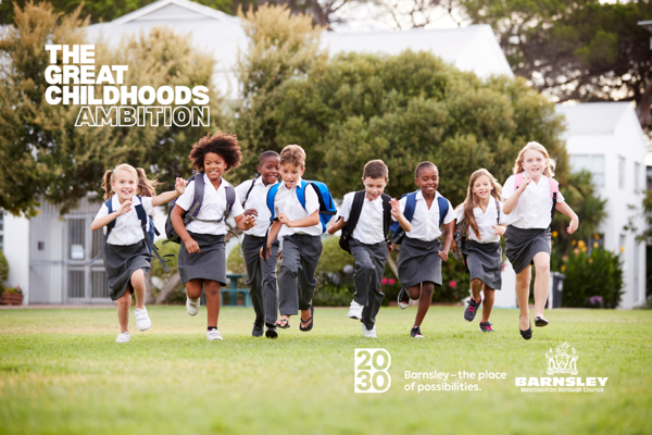 An image of school children running