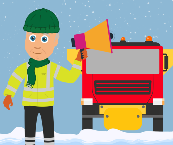 Cartoon drawing of workman and gritter lorry in the snow