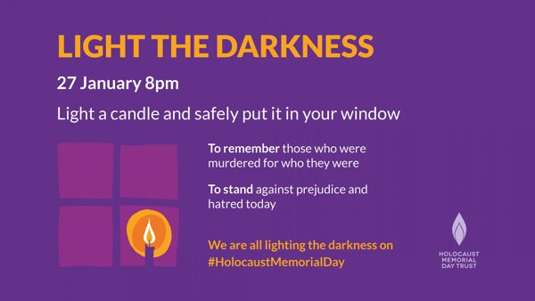 Light the darkness 27 January 8pm with image of candle burning in a window