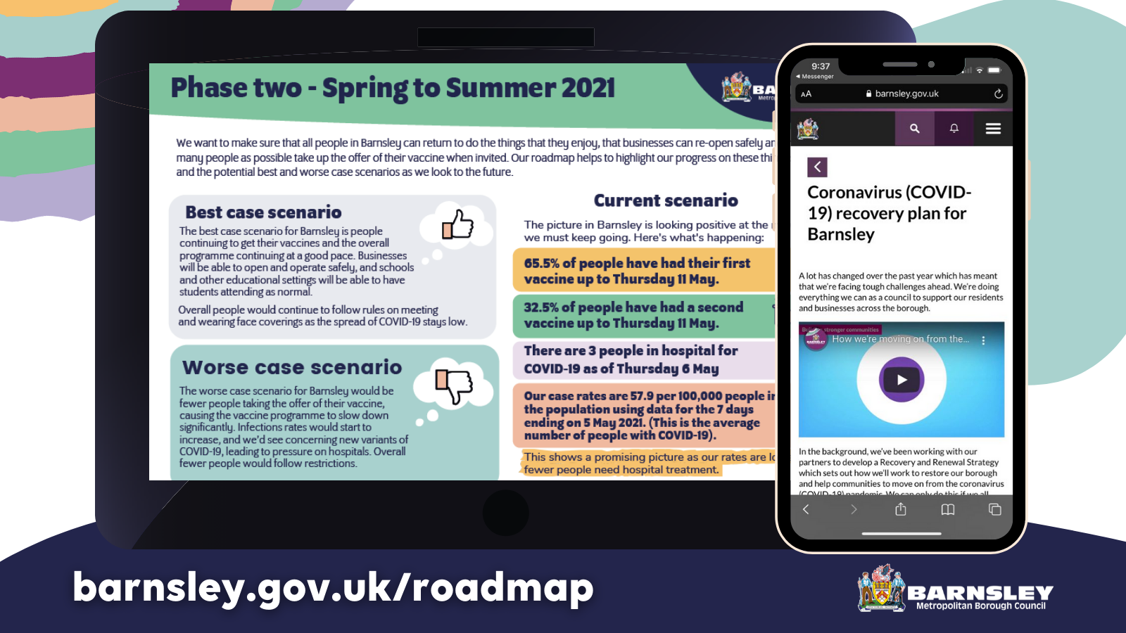 Graphic of a computer showing the PDF COVID-19 roadmap, and mobile phone showing the COVID-19 roadmap webpage