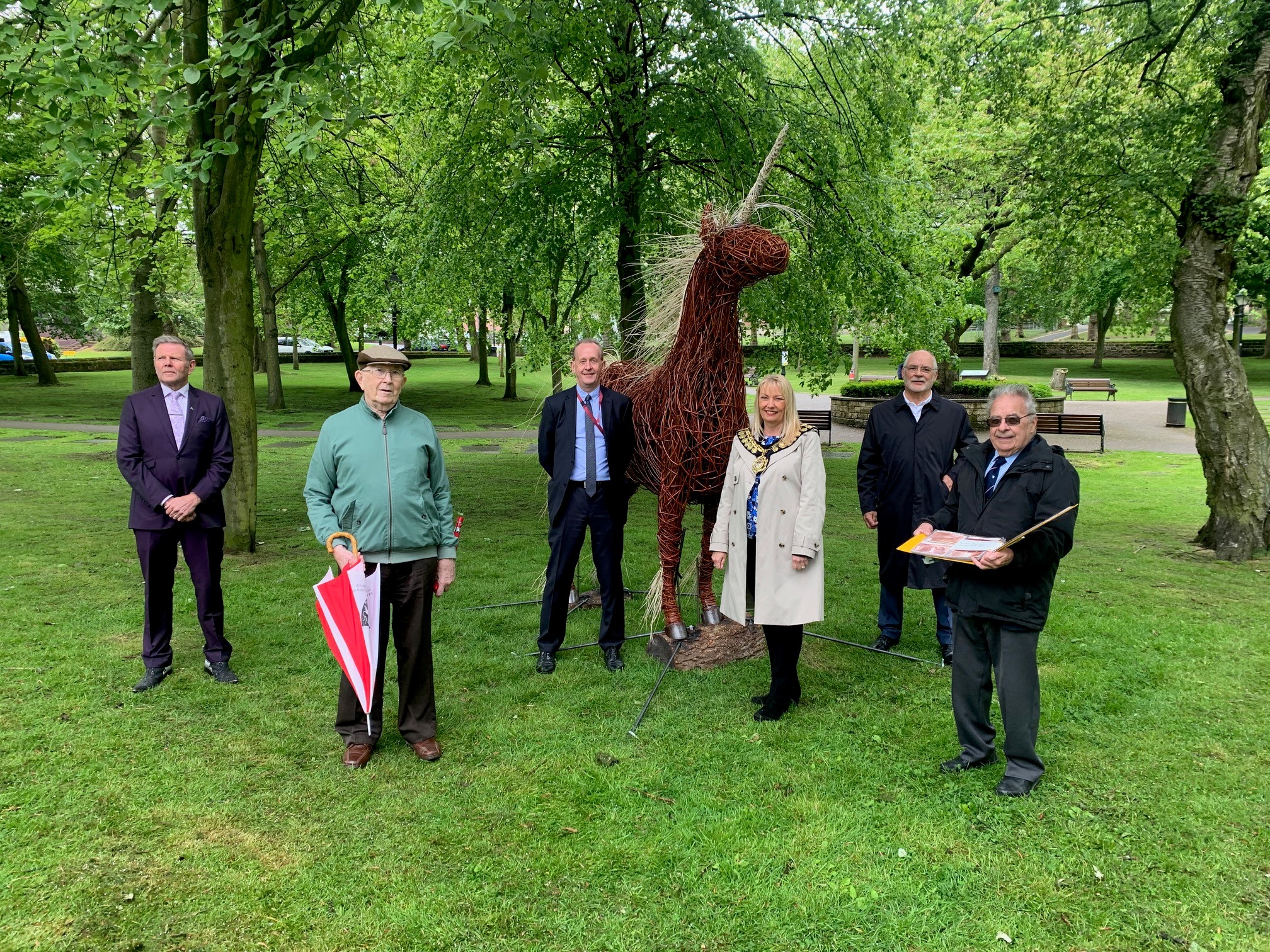 Twin town anniversary unicorn with the Major and Councillors