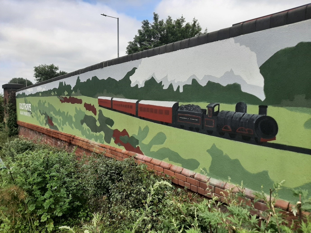 The train mural at the Embankment at Goldthorpe