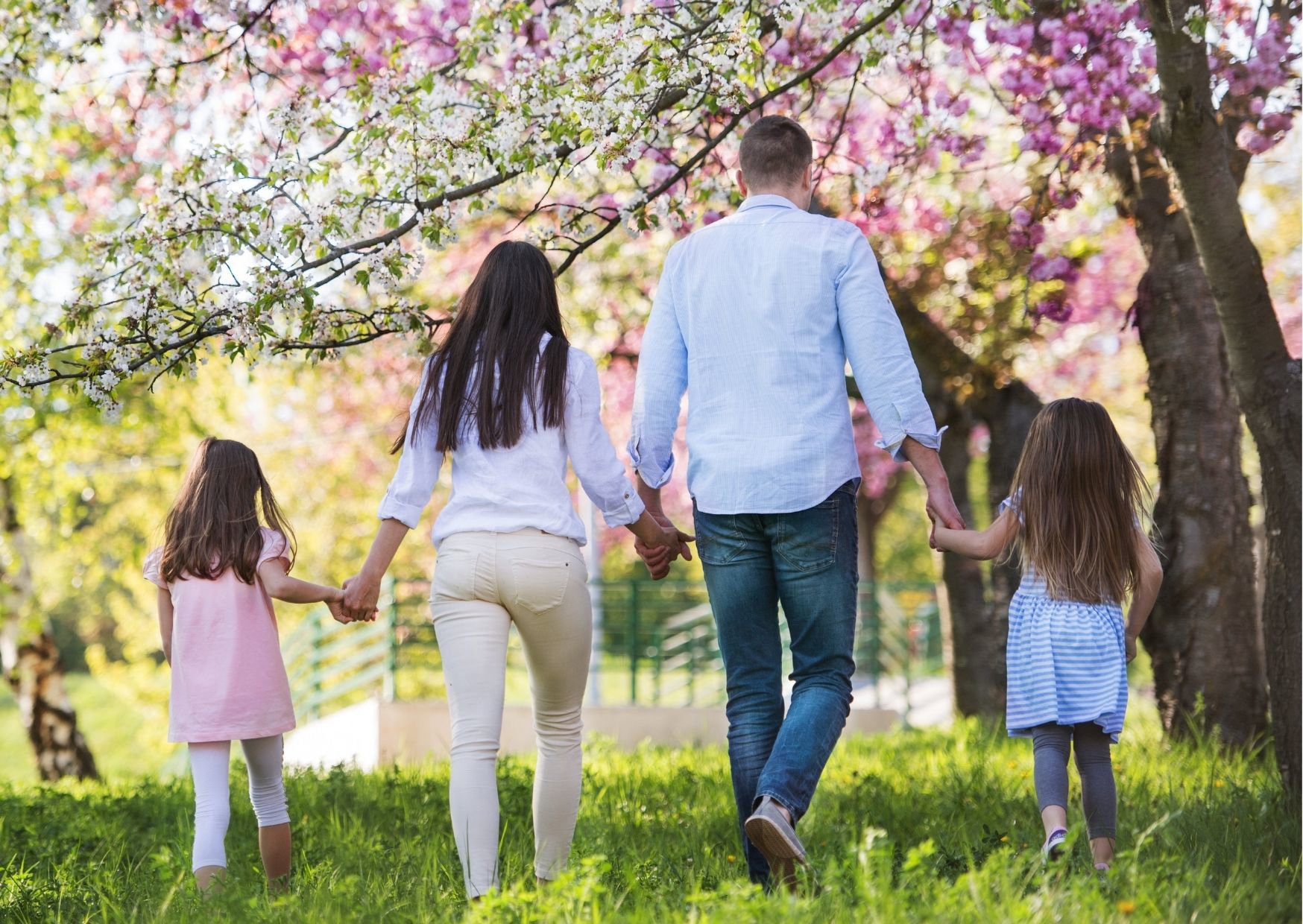 Family walking through a park holding hands
