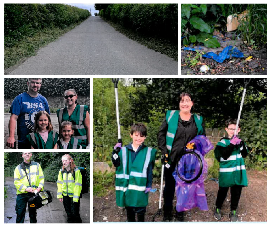 Collage of images of the volunteers, littered lane, and lane after the litter had been cleared by people
