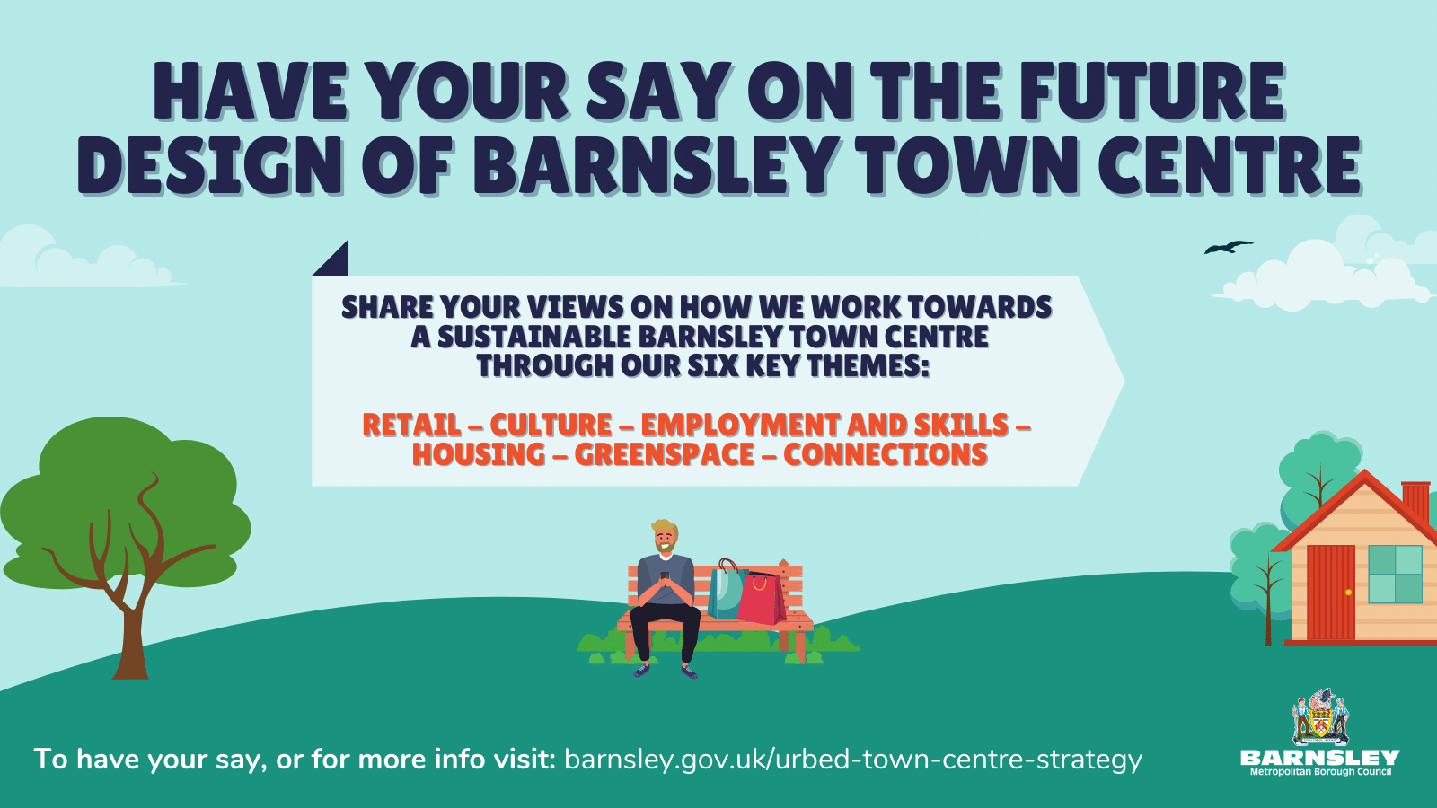 Have your say on the future design of Barnsley town centre: drawing of man sat on a bench with shopping bags, a tree and a house.