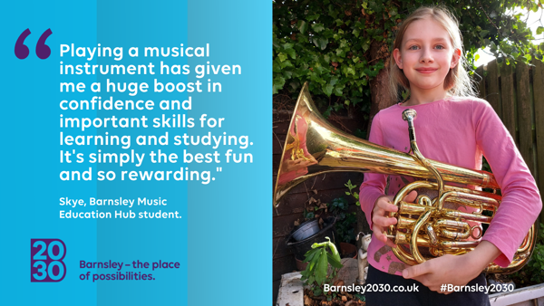 Skye - Barnsley Music Education Hub student pictured holding her Baritone