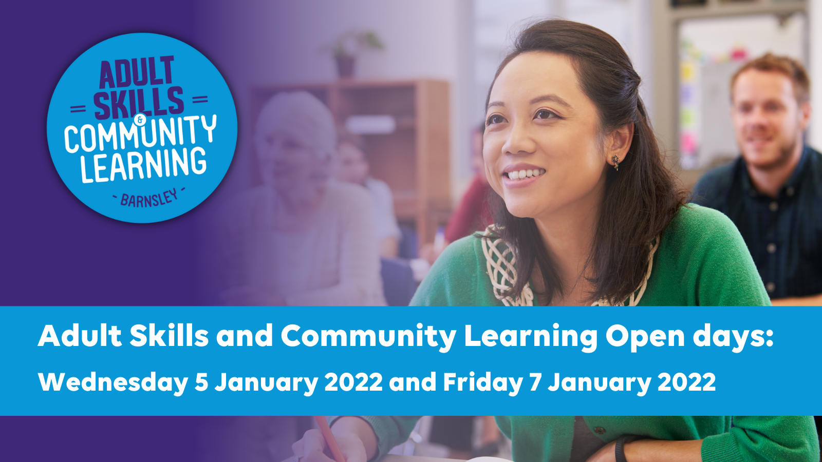 Adult Skills and Community Learning Open Days with photo of adults in a classroom