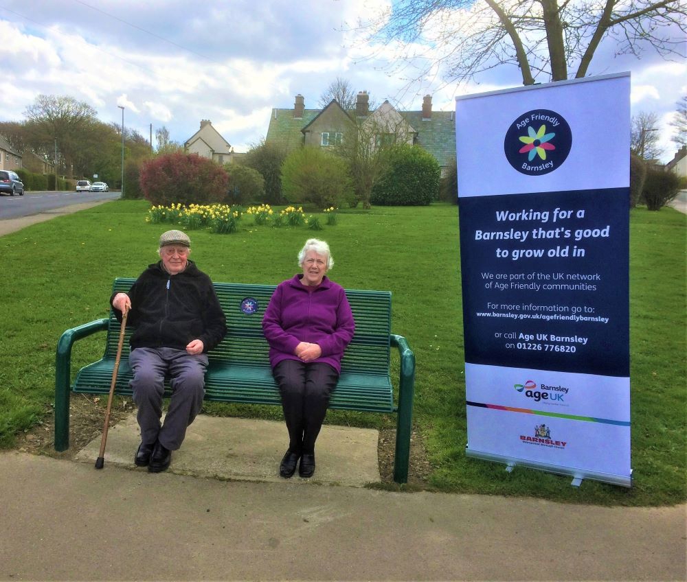 2 local residents sat on the new Age Friendly Barnsley bench in Penistone