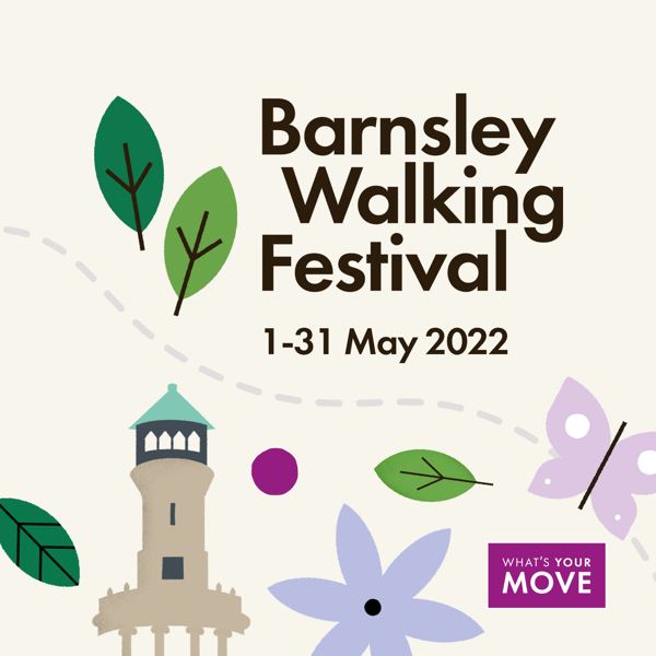 Barnsley Walking Festival and What's Your Move logos with illustrations of leaves, flower, butterfly and Locke Park Tower.png