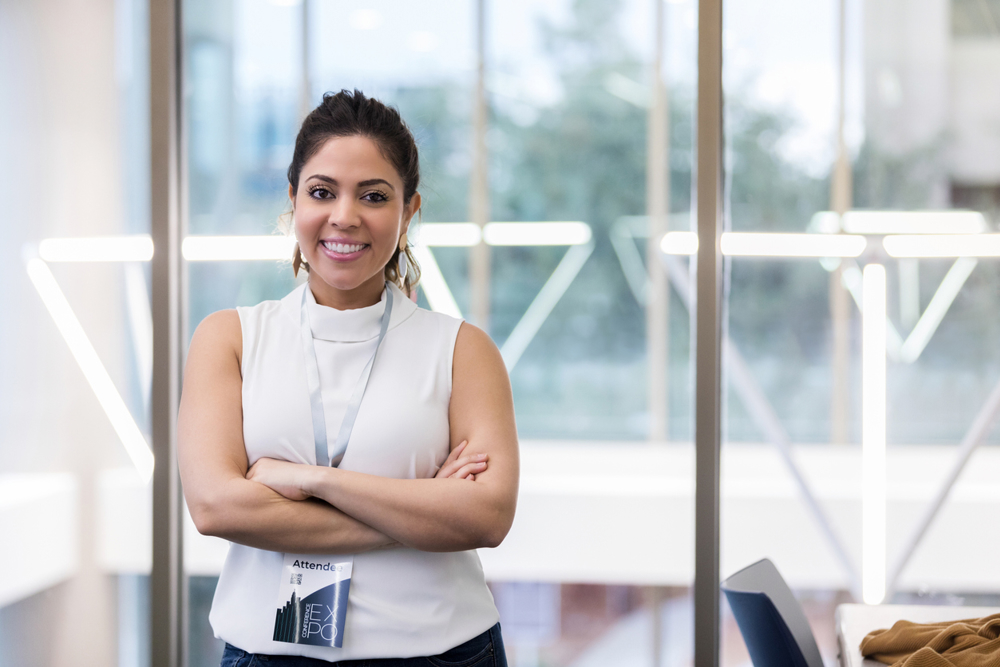 Woman with lanyard