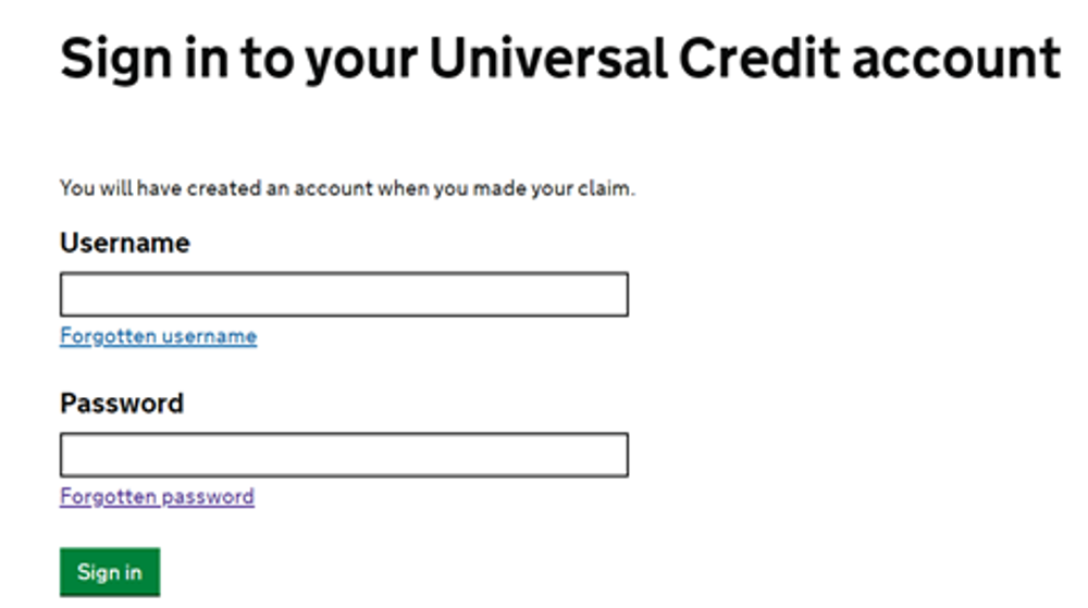 Universal Credit sign in page