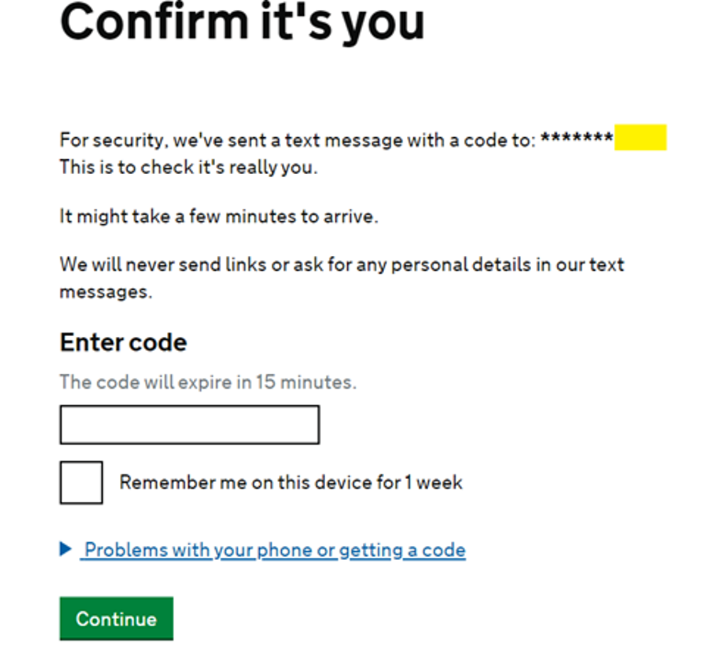 Universal Credit confirm it's you page