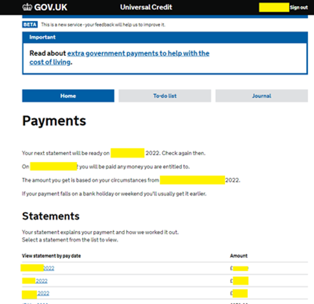 Screenshot showing payments summary page of Universal Credit account