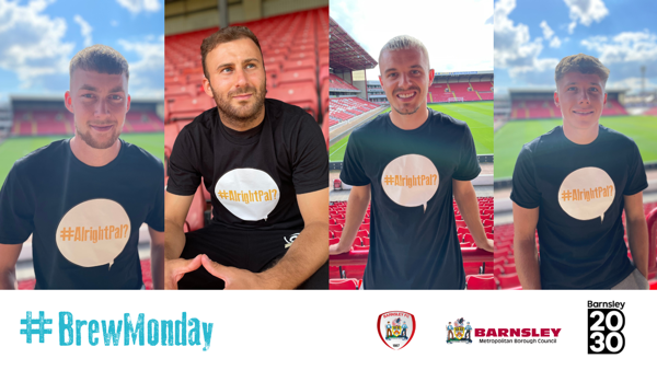 Brew Monday 2023 - photograph of Barnsley FC players wearing Alright Pal t-shirts.png
