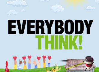 Everybody think! with images of litter, volunteer hands, banana skin and a sofa