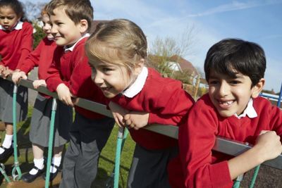 Primary school children on climbing frame