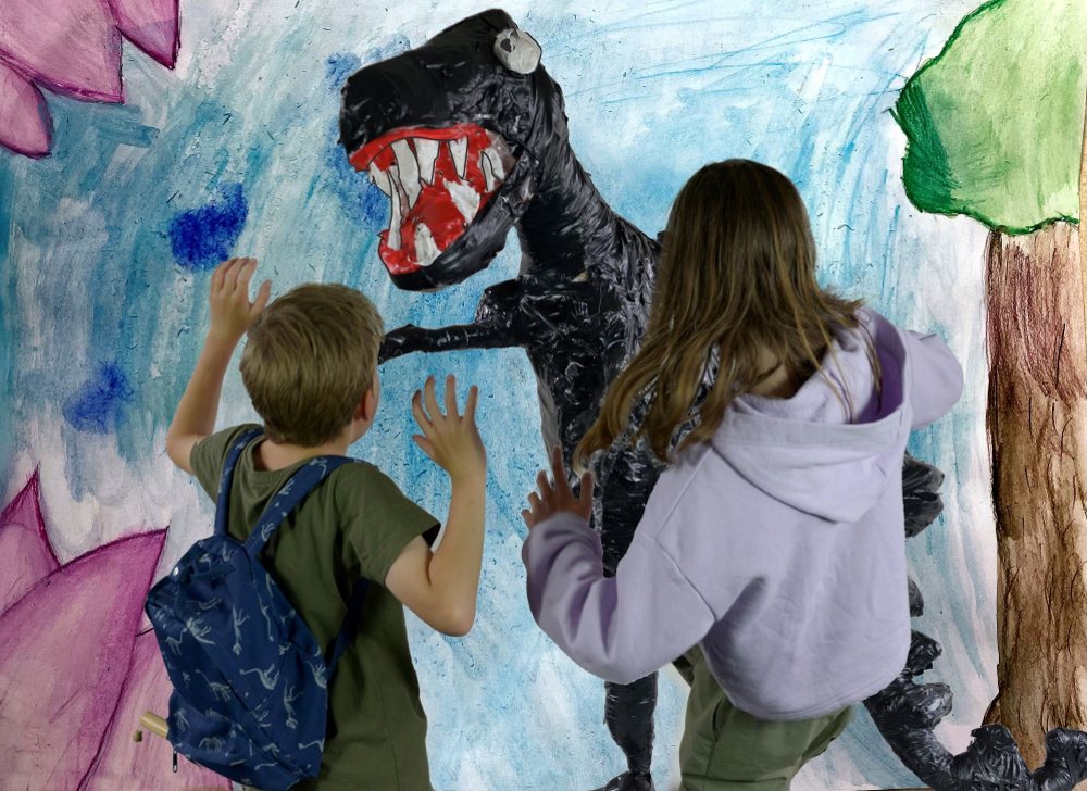 Two children looking at a painting of a dinosaur