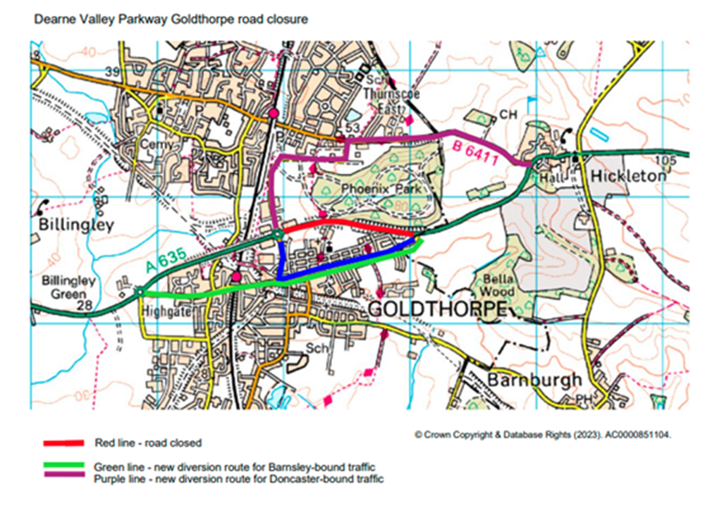 Map of Dearne Valley Parkway Goldthorpe road closure