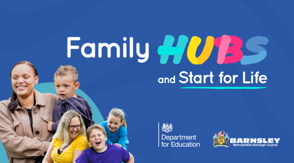 Family Hubs and Start for Life logo with image of mother and child and mother, young daughter and older son