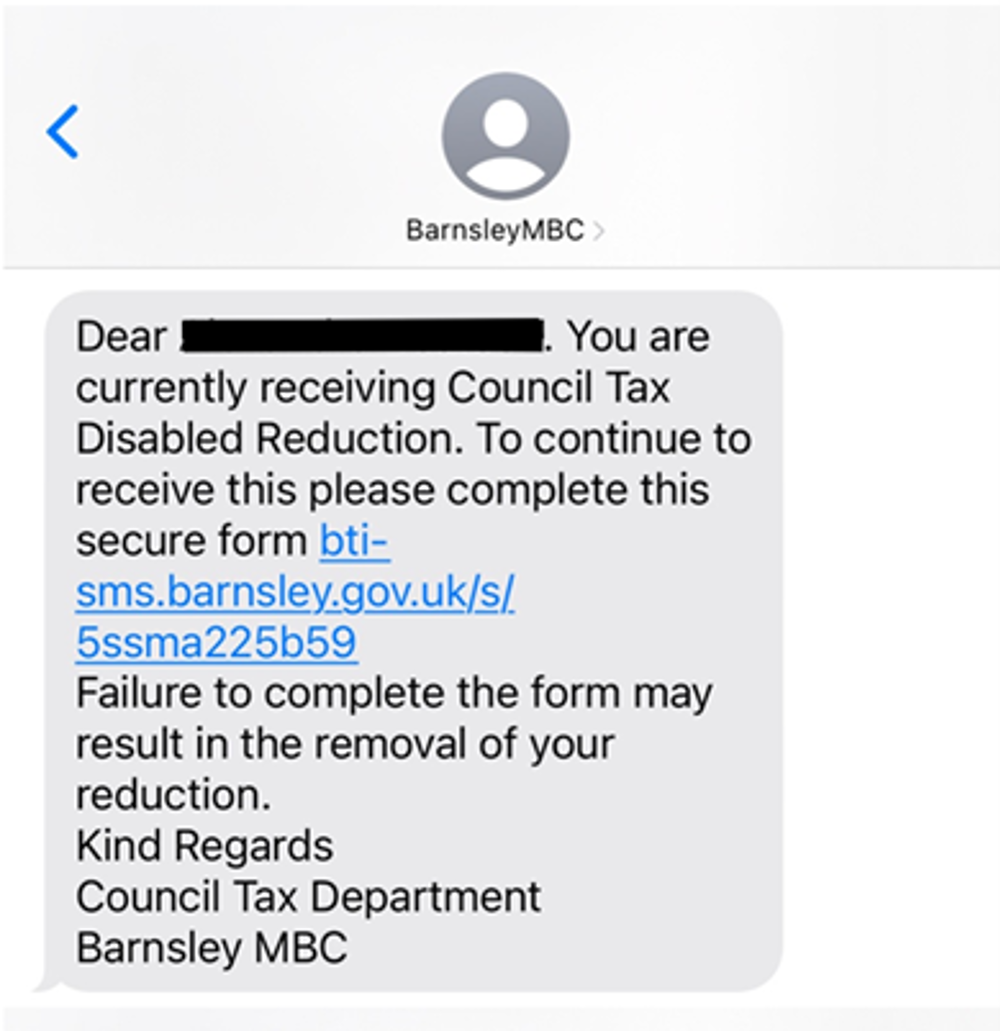 Example SMS screenshot of disability reduction