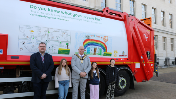 Winners with their artwork: (L-R) Cllr James Higginbottom, Cabinet Spokesperson for Environment and Highways, Bella, Mayor Cllr David Leech, Rosa and Megan