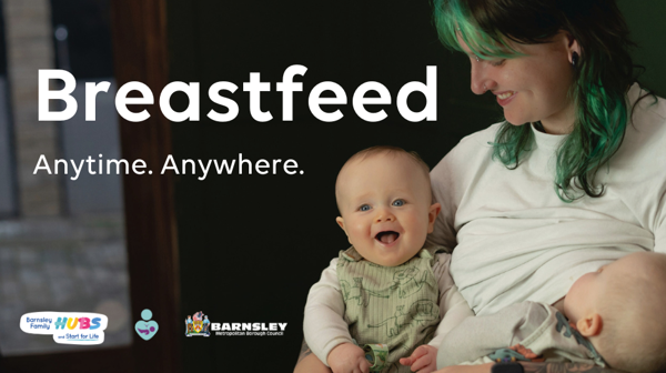 Image Of Mother Breastfeeding Baby, Holding Sibling Smiling. Breastfeed, Anytime, Anywhere.