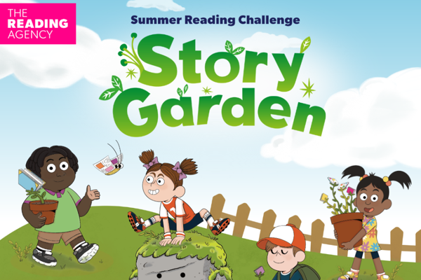 Summer Reading Challenge Story Garden graphic with illustrations of children in a garden