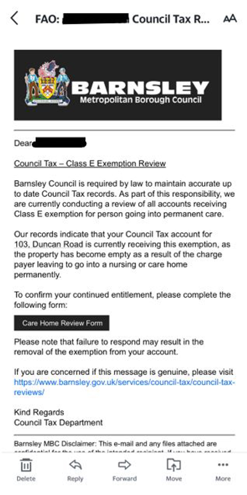 Example person in nursing care home email