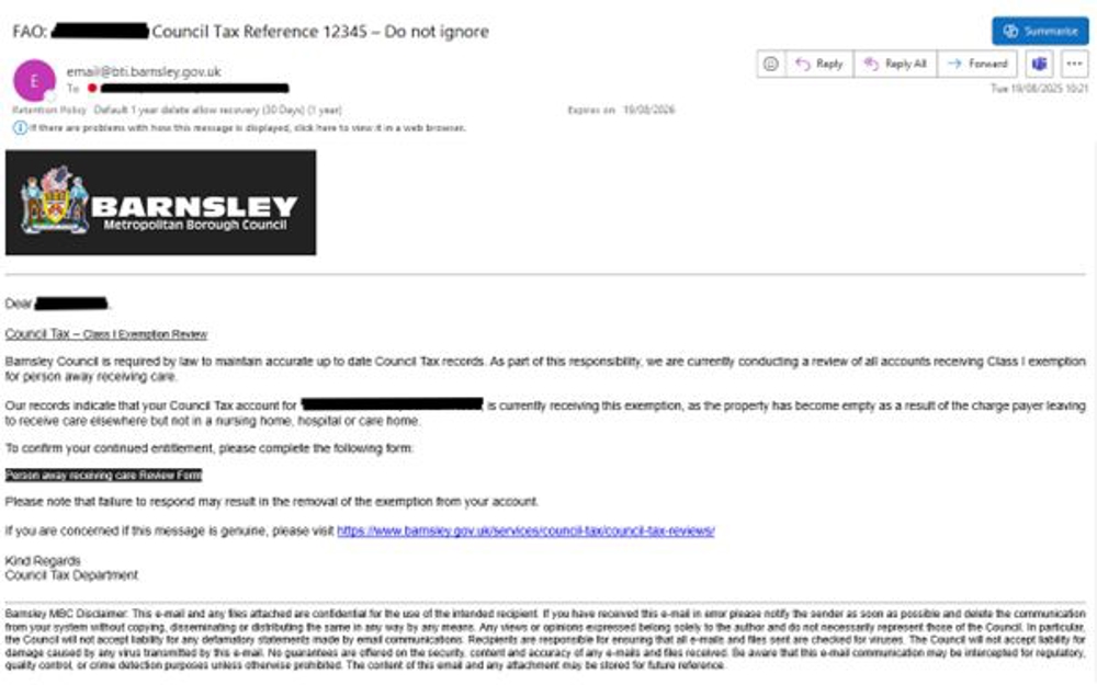 Example screenshot of how person away receiving care reduction email