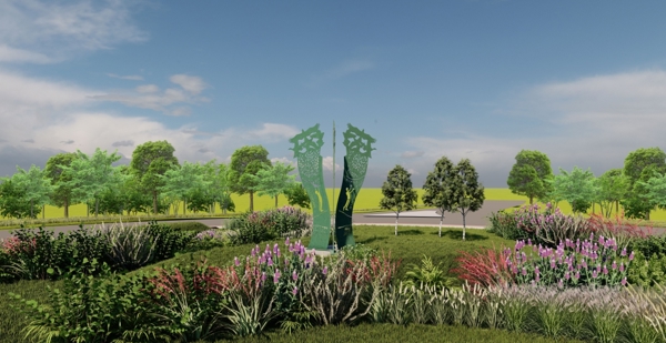 A computer illustration of a tall three part sculpture at Goldthorpe roundabout surrounded by wildflowers