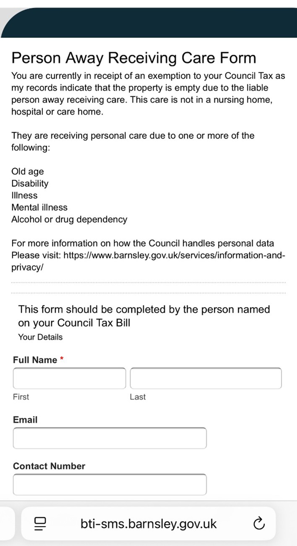 Example screenshot of how person away receiving care forms looks on mobile