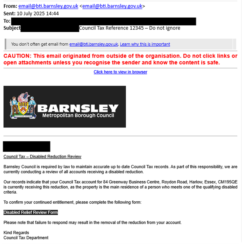 Example screenshot of disability reduction email
