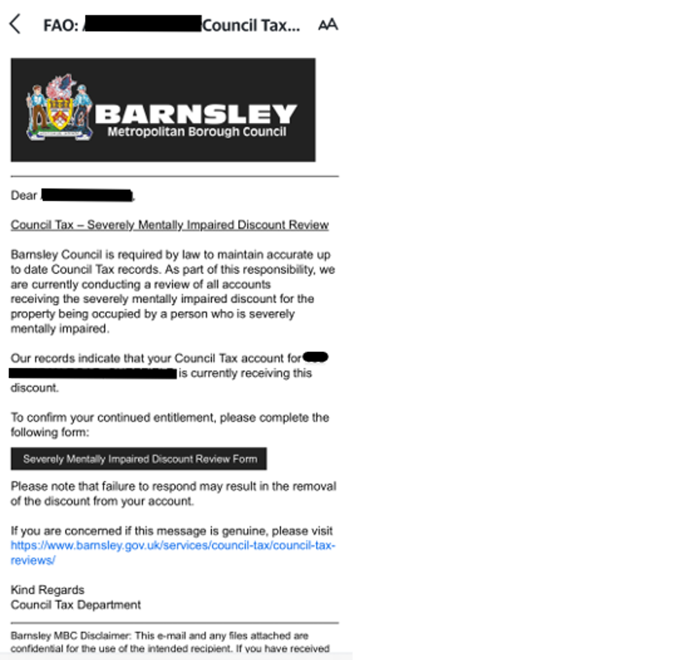 Example email severely mentally impaired