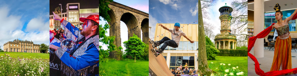 Collage of Cannon Hall, performer at Barnsley Bright Nights, Watermeadows Park, performer at RampUp event, Locke Park and performer in Library @ the Lightbox