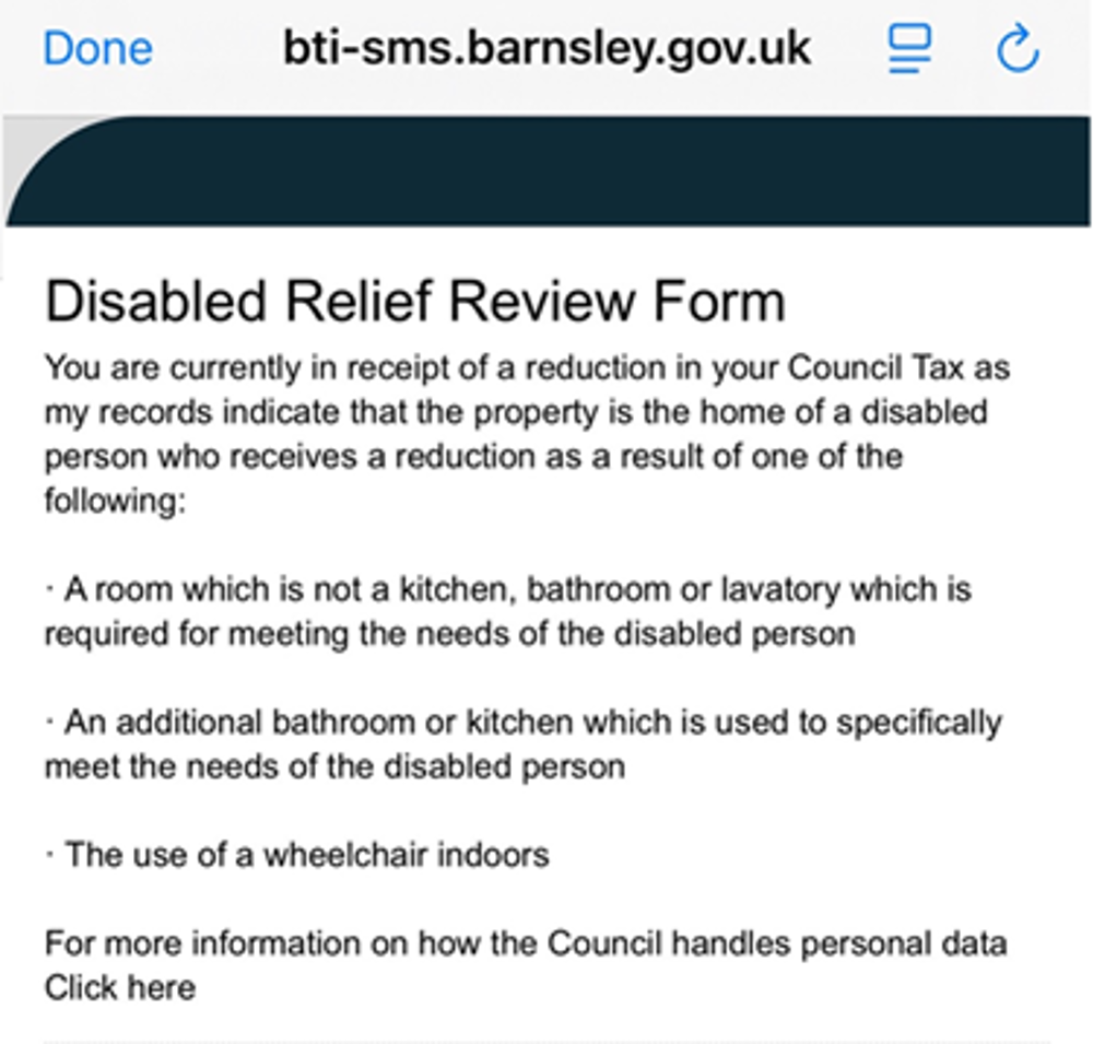 Example screenshot of how Disabled Relief Review form looks on mobile