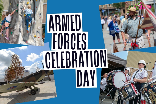 Armed Forces Celebration Day - photo of children on climbing wall, photo of spitfire plane, photo of man with british flag, photo of people in military uniforms playing the drums.jpg