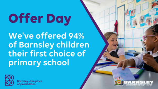Offer Day - We've offered 94 percent of Barnsley children their first choice of primary school