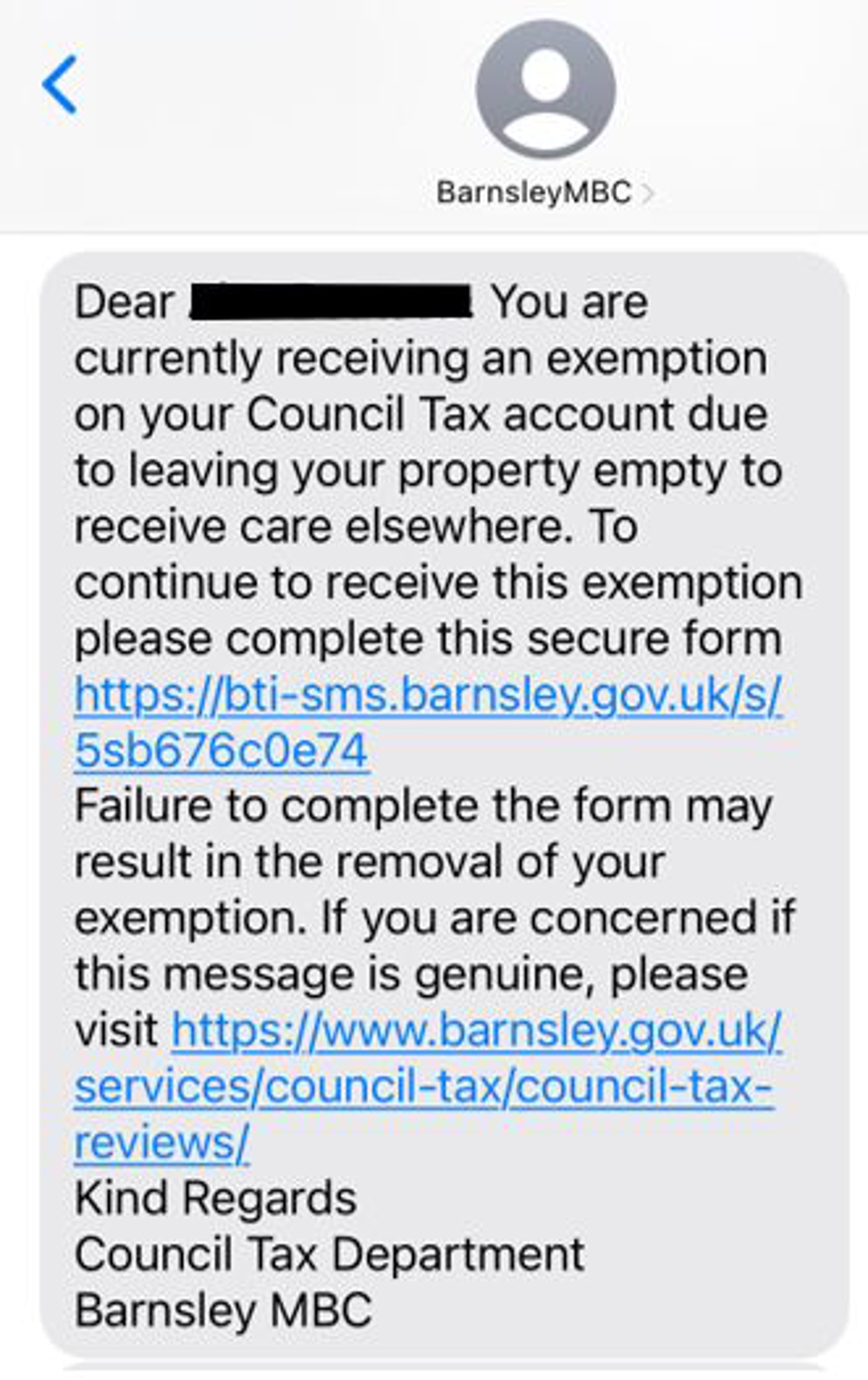 Example SMS screenshot for person away receiving care reduction