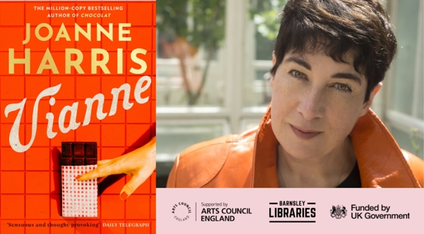 Photograph Of Author Joanne Harris Alongside The Cover Of Her Latest Novel Vianne