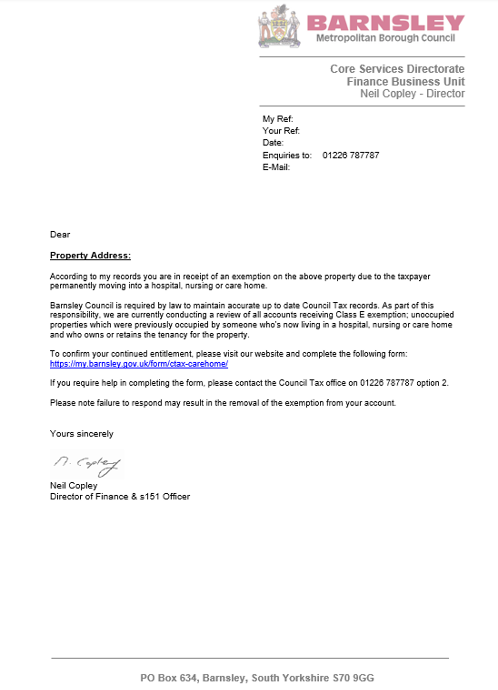 Example council tax review letter