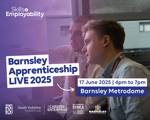 Image of an apprentice with an employer in an office environment, with text overlay that says 'Barnsley apprenticeship LIVE 2025, 17 June 2025, 4pm to 7pm, Barnsley Metrodome'.
