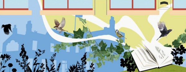 A Section Of Mural Artwork Showing Books And Wildlife