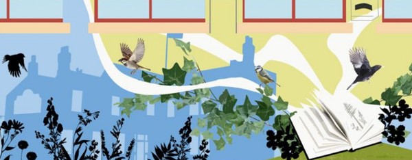 A Section Of Mural Artwork Showing Books And Wildlife
