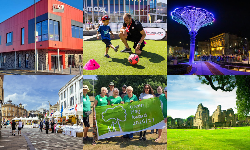 Barnsley 2040 banner showing Base 71, Glass Works Square, the outdoor market, Yorkshire Rose sculpture and people with a green flag award.