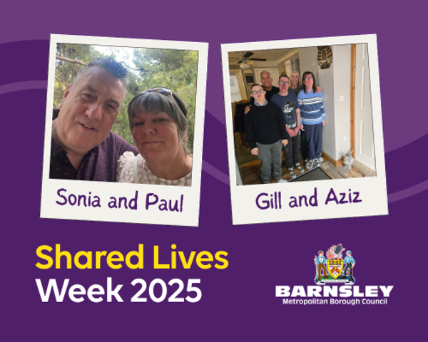 Shared Lives Week 2025 Photo Of Sonia And Paul Hugging In Front Of A Series Of Trees Photo Of Gill Aziz And Their Family Stood In Their House