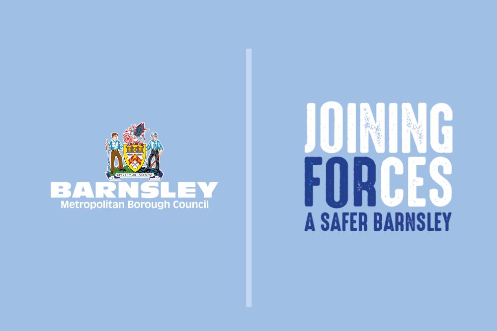 Barnsley Council logo and Joining Forces, A Safer Barnsley, logo on a light blue background